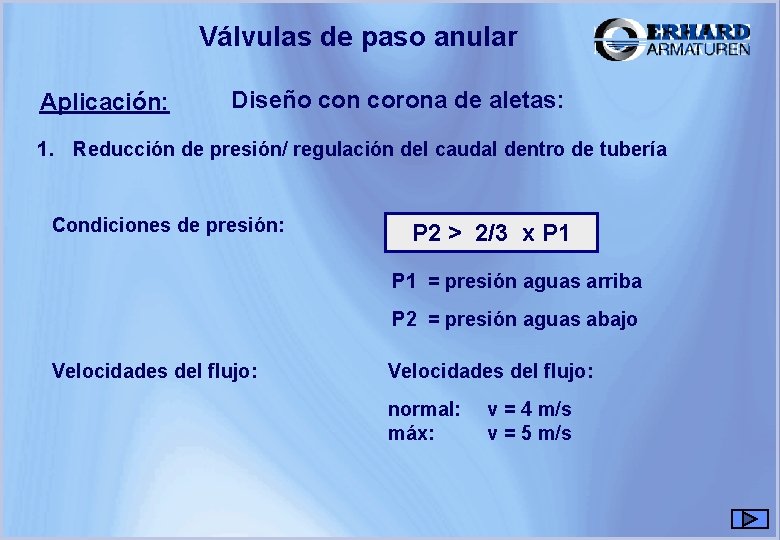 Válvulas de paso anular Aplicación: Diseño con corona de aletas: 1. Reducción de presión/ Válvulas de paso anular Aplicación: Diseño con corona de aletas: 1. Reducción de presión/