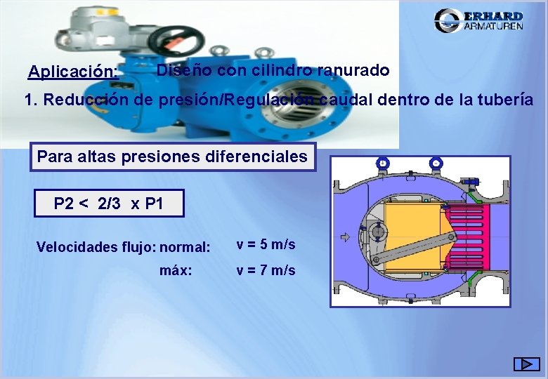 Válvulas de paso anular Aplicación: Diseño con cilindro ranurado 1. Reducción de presión/Regulación caudal Válvulas de paso anular Aplicación: Diseño con cilindro ranurado 1. Reducción de presión/Regulación caudal