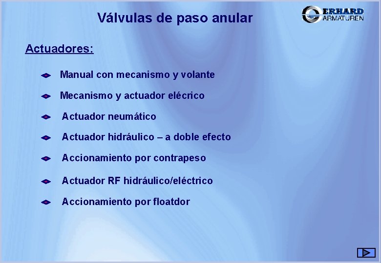 Válvulas de paso anular Actuadores: Manual con mecanismo y volante Mecanismo y actuador elécrico Válvulas de paso anular Actuadores: Manual con mecanismo y volante Mecanismo y actuador elécrico