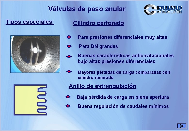 Válvulas de paso anular Tipos especiales: Cilindro perforado Para presiones diferenciales muy altas Para Válvulas de paso anular Tipos especiales: Cilindro perforado Para presiones diferenciales muy altas Para