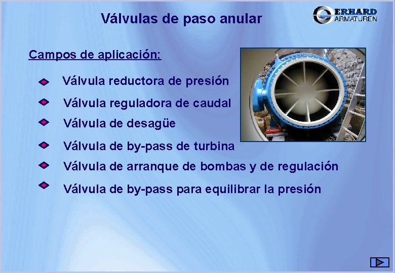 Válvulas de paso anular Campos de aplicación: Válvula reductora de presión Válvula reguladora de Válvulas de paso anular Campos de aplicación: Válvula reductora de presión Válvula reguladora de