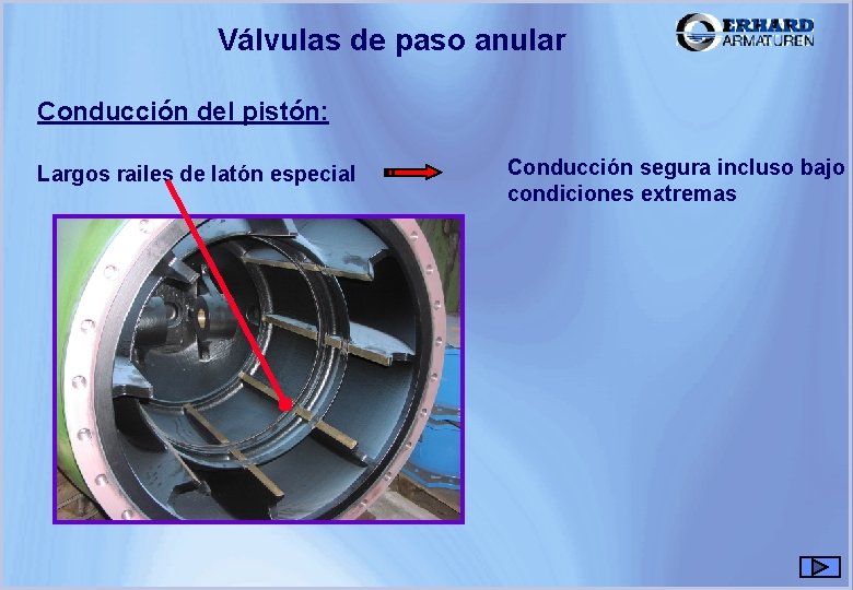Válvulas de paso anular Conducción del pistón: Largos railes de latón especial Conducción segura Válvulas de paso anular Conducción del pistón: Largos railes de latón especial Conducción segura