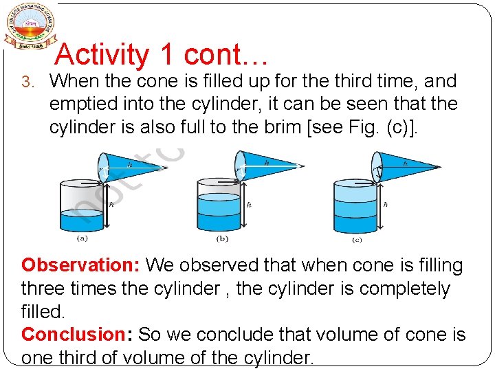 Activity 1 cont… 3. When the cone is filled up for the third time,