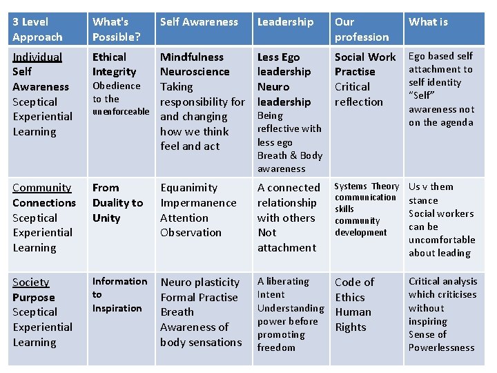 3 Level Approach What's Possible? Self Awareness Leadership Our profession What is Individual Self