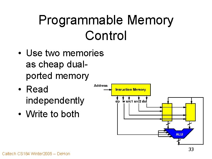 Programmable Memory Control • Use two memories as cheap dualported memory • Read independently