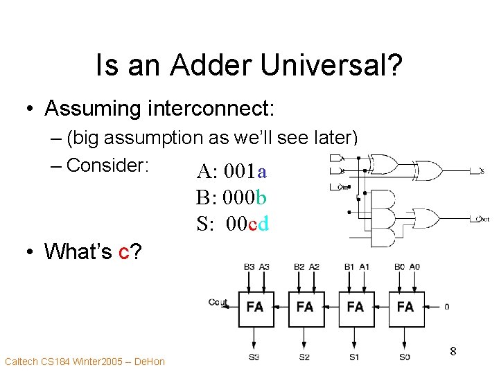 Is an Adder Universal? • Assuming interconnect: – (big assumption as we’ll see later)