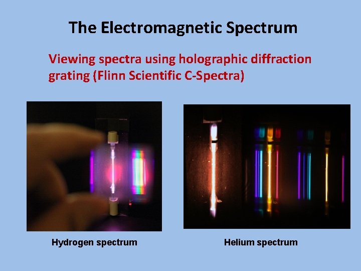 The Electromagnetic Spectrum Viewing spectra using holographic diffraction grating (Flinn Scientific C-Spectra) Hydrogen spectrum