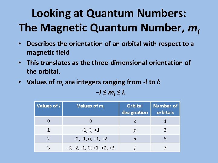 Looking at Quantum Numbers: The Magnetic Quantum Number, ml • Describes the orientation of