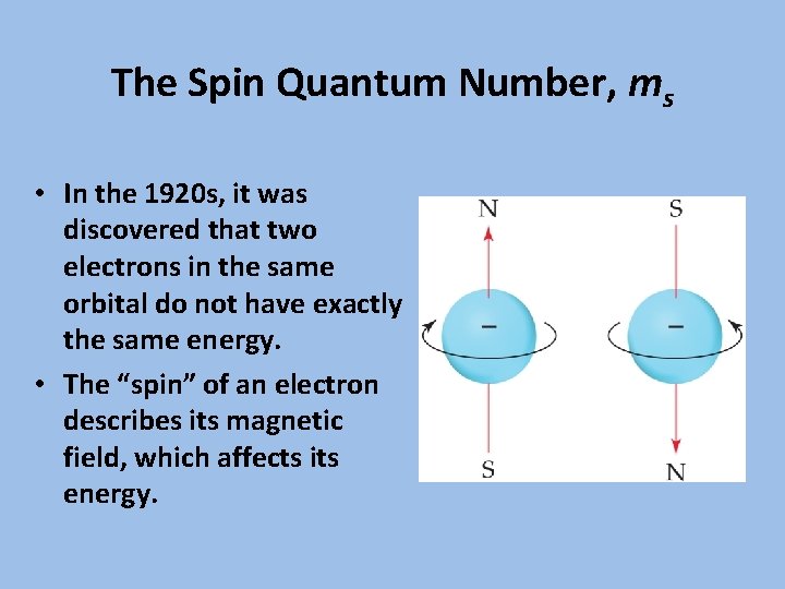 The Spin Quantum Number, ms • In the 1920 s, it was discovered that