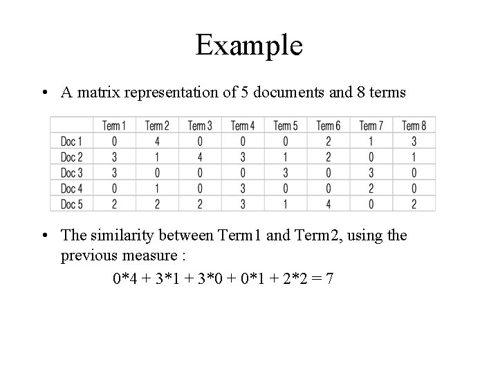 Example • A matrix representation of 5 documents and 8 terms • The similarity Example • A matrix representation of 5 documents and 8 terms • The similarity