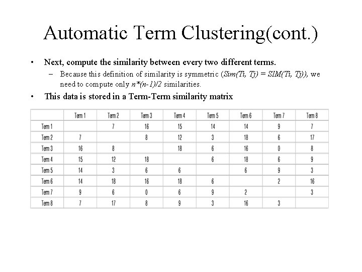 Automatic Term Clustering(cont. ) • Next, compute the similarity between every two different terms. Automatic Term Clustering(cont. ) • Next, compute the similarity between every two different terms.