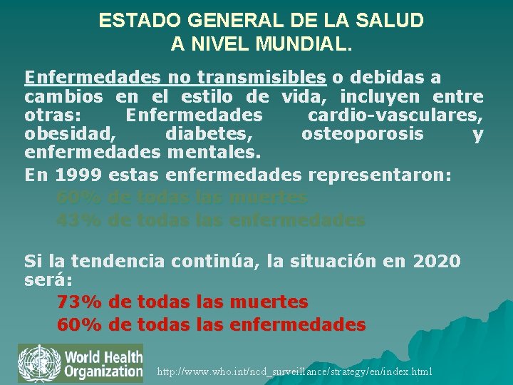 ESTADO GENERAL DE LA SALUD A NIVEL MUNDIAL. Enfermedades no transmisibles o debidas a