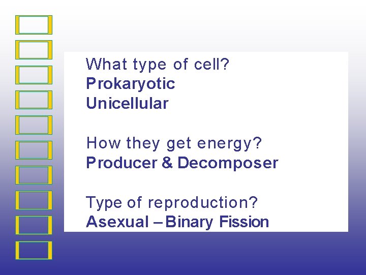 What type of cell? Prokaryotic Unicellular How they get energy? Producer & Decomposer Type