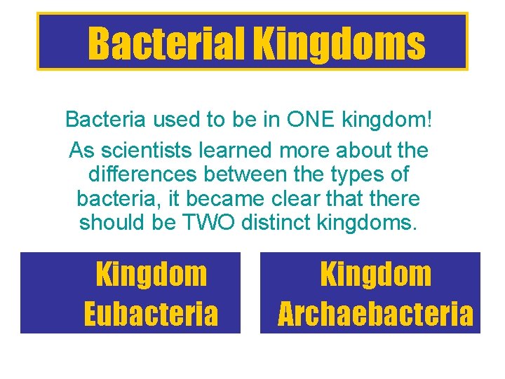 Bacterial Kingdoms Bacteria used to be in ONE kingdom! As scientists learned more about
