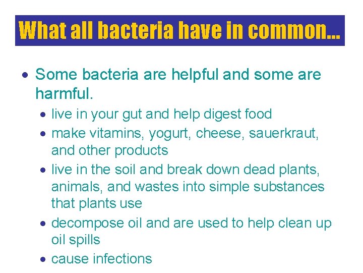 What all bacteria have in common… Some bacteria are helpful and some are harmful.