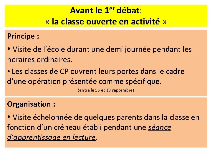 Avant le 1 er débat: « la classe ouverte en activité » Principe :