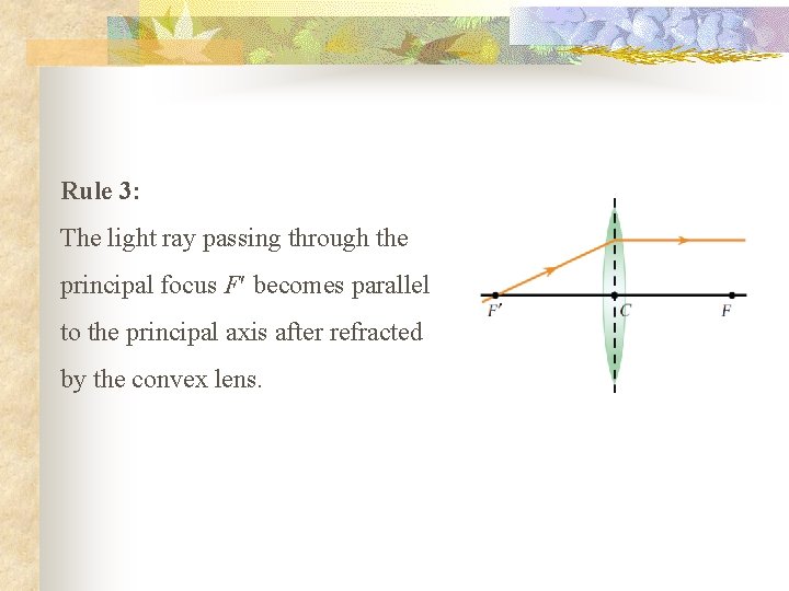 Rule 3: The light ray passing through the principal focus F¢ becomes parallel to