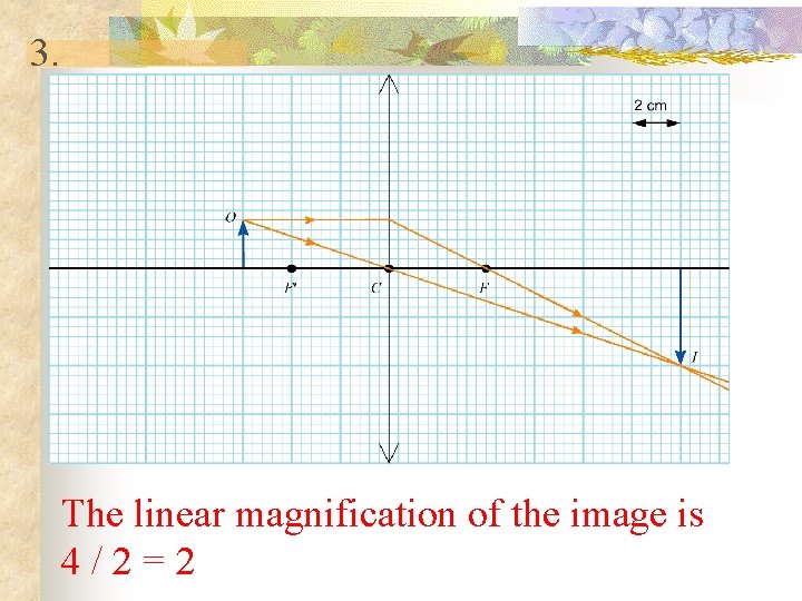3. The linear magnification of the image is 4 / 2 = 2 