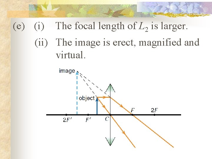 (e) (i) The focal length of L 2 is larger. (ii) The image is