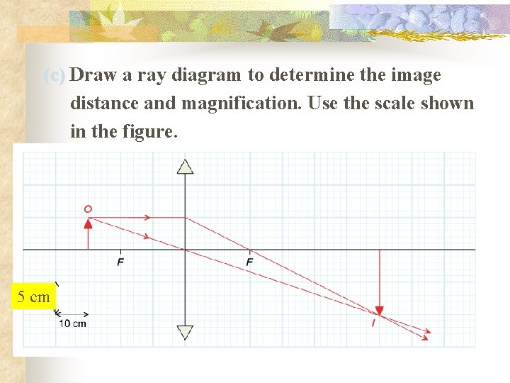 (c) Draw a ray diagram to determine the image distance and magnification. Use the