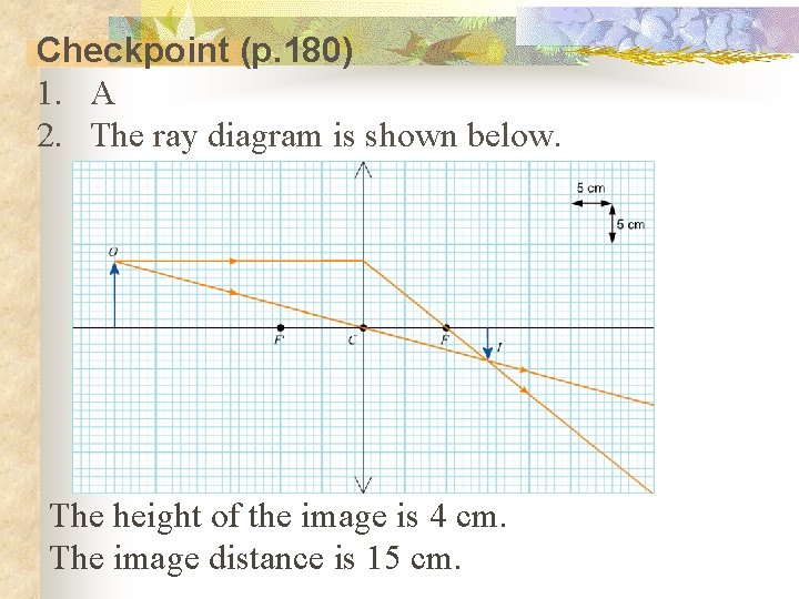 Checkpoint (p. 180) 1. A 2. The ray diagram is shown below. The height