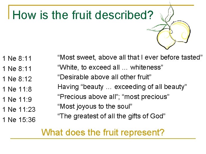 How is the fruit described? 1 Ne 8: 11 1 Ne 8: 12 1