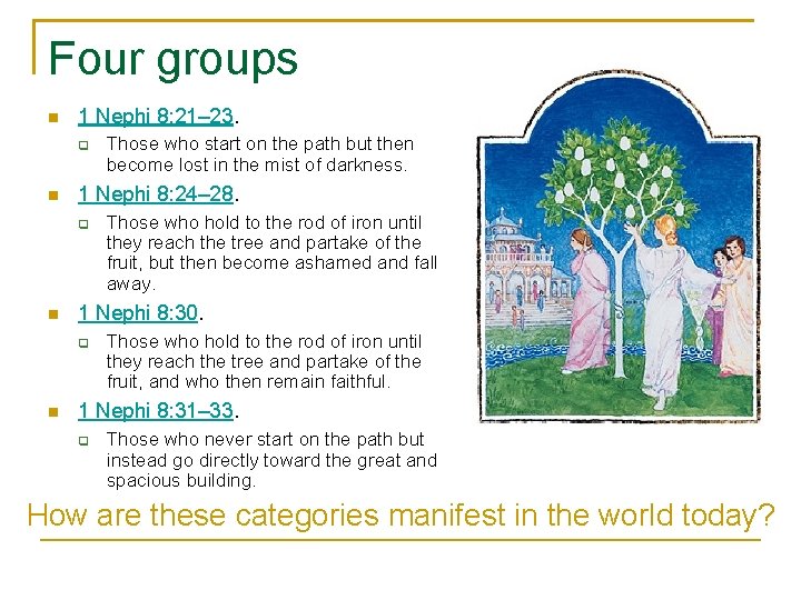 Four groups n 1 Nephi 8: 21– 23. q n 1 Nephi 8: 24–
