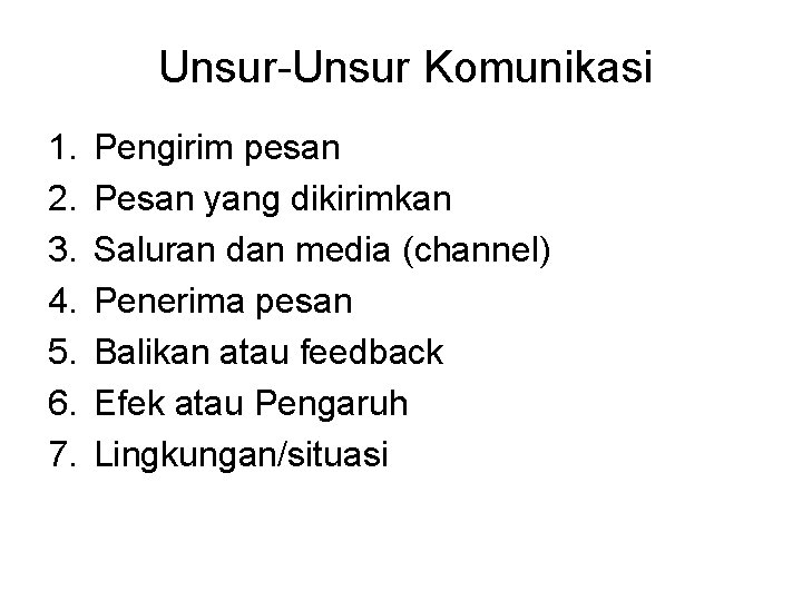 Unsur-Unsur Komunikasi 1. 2. 3. 4. 5. 6. 7. Pengirim pesan Pesan yang dikirimkan