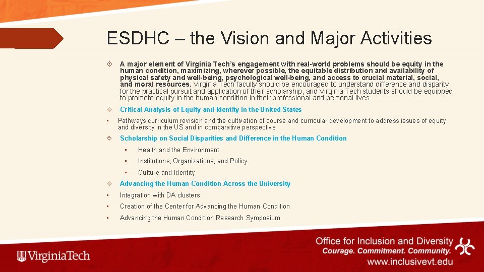 ESDHC – the Vision and Major Activities A major element of Virginia Tech’s engagement