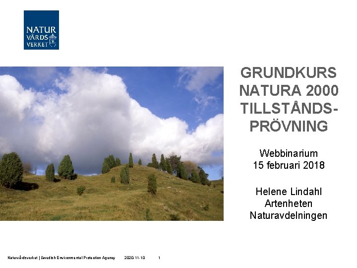 GRUNDKURS NATURA 2000 TILLSTÅNDSPRÖVNING Webbinarium 15 februari 2018 Helene Lindahl Artenheten Naturavdelningen Naturvårdsverket |