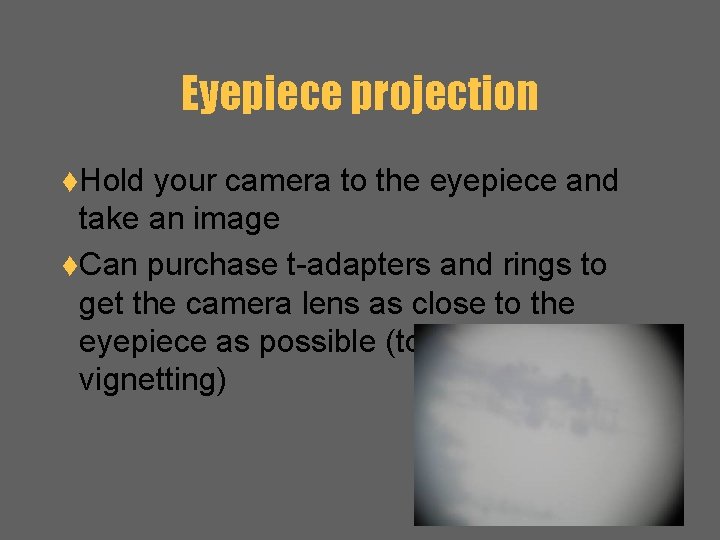 Eyepiece projection t. Hold your camera to the eyepiece and take an image t.