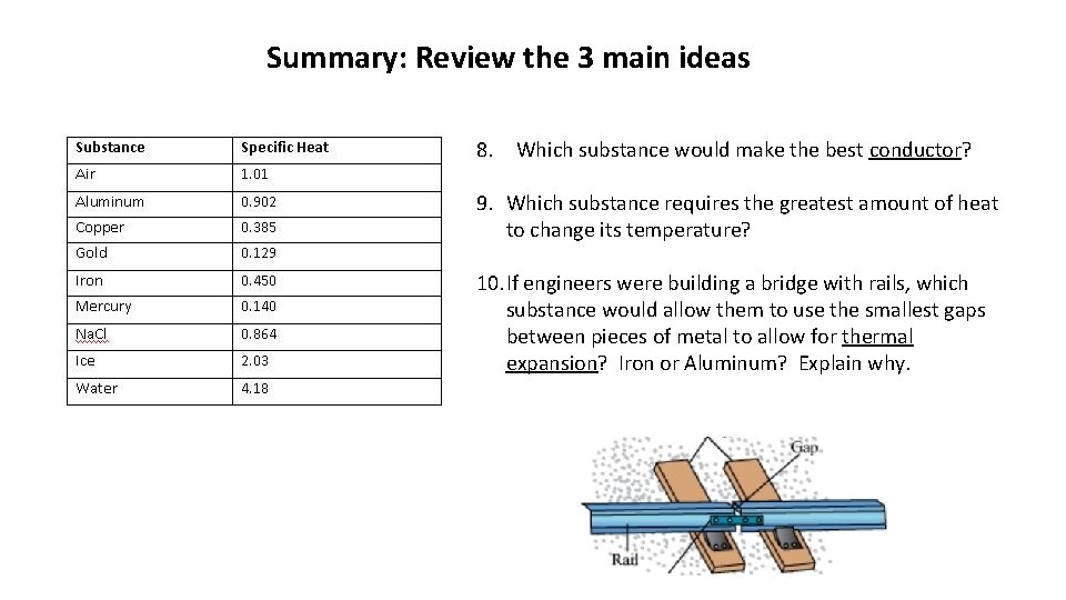 Summary: Review the 3 main ideas 8. Which substance would make the best conductor?