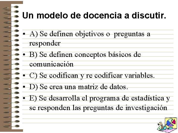 Un modelo de docencia a discutir. • A) Se definen objetivos o preguntas a Un modelo de docencia a discutir. • A) Se definen objetivos o preguntas a