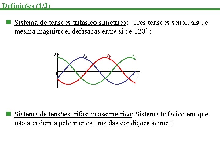 Definições (1/3) n Sistema de tensões trifásico simétrico: Três tensões senoidais de mesma magnitude,