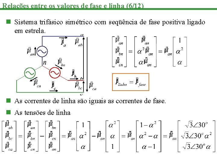 Relações entre os valores de fase e linha (6/12) n Sistema trifásico simétrico com