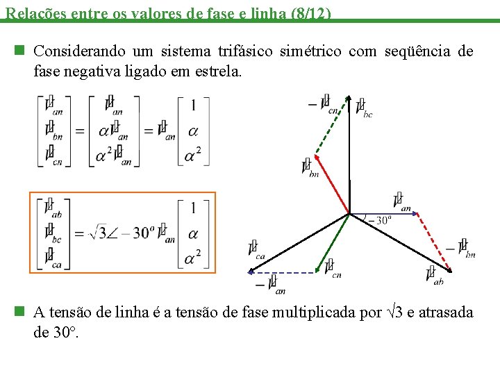Relações entre os valores de fase e linha (8/12) n Considerando um sistema trifásico