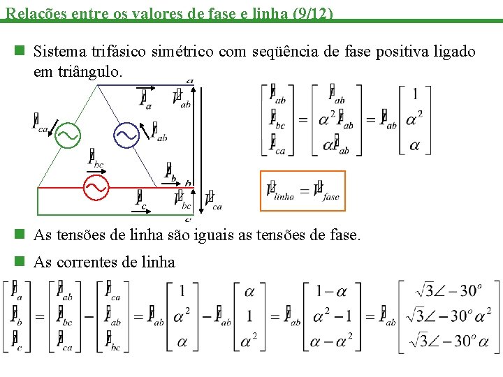 Relações entre os valores de fase e linha (9/12) n Sistema trifásico simétrico com