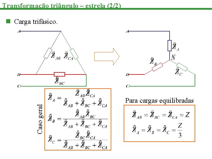 Transformação triângulo – estrela (2/2) n Carga trifásico. Caso geral Para cargas equilibradas 