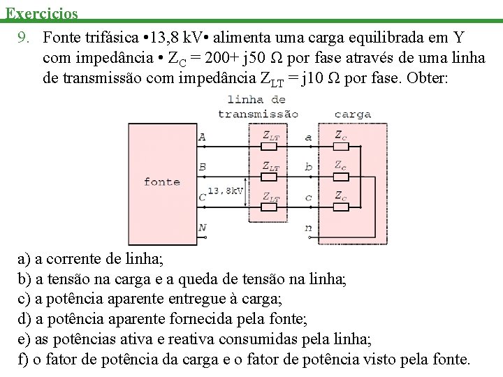 Exercicios 9. Fonte trifásica • 13, 8 k. V • alimenta uma carga equilibrada