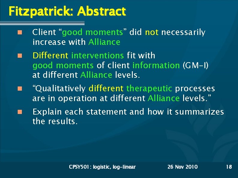 Fitzpatrick: Abstract Client “good moments” did not necessarily increase with Alliance Different interventions fit