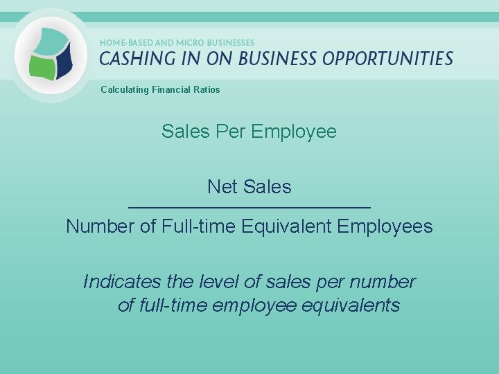 Calculating Financial Ratios Sales Per Employee Net Sales _____________________________ Number of Full-time Equivalent Employees