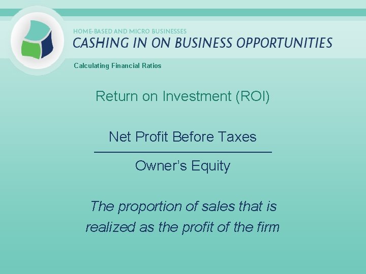 Calculating Financial Ratios Return on Investment (ROI) Net Profit Before Taxes _____________________________ Owner’s Equity