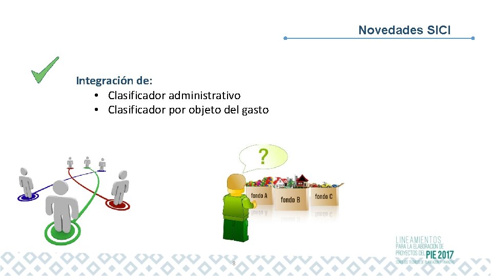 Novedades SICI Integración de: • Clasificador administrativo • Clasificador por objeto del gasto 8