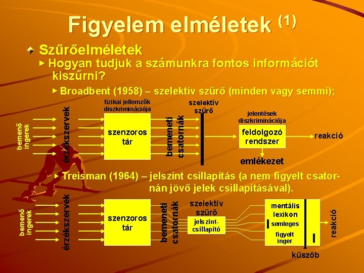 Figyelem elméletek (1) Szűrőelméletek ▸ Hogyan tudjuk a számunkra fontos információt kiszűrni? fizikai jellemzők