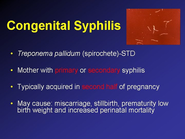 Congenital Syphilis • Treponema pallidum (spirochete)-STD • Mother with primary or secondary syphilis • Congenital Syphilis • Treponema pallidum (spirochete)-STD • Mother with primary or secondary syphilis •