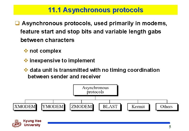 11. 1 Asynchronous protocols q Asynchronous protocols, used primarily in modems, feature start and