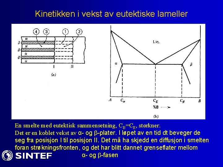 Kinetikken i vekst av eutektiske lameller En smelte med eutektisk sammensetning, CB=CE, størkner. Det