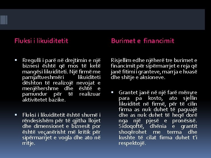 Fluksi i likuiditetit Burimet e financimit Rregulli i parë në drejtimin e një biznesi