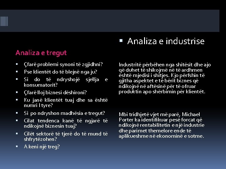  Analiza e industrise Analiza e tregut Çfarë problemi synoni të zgjidhni? Pse klientët