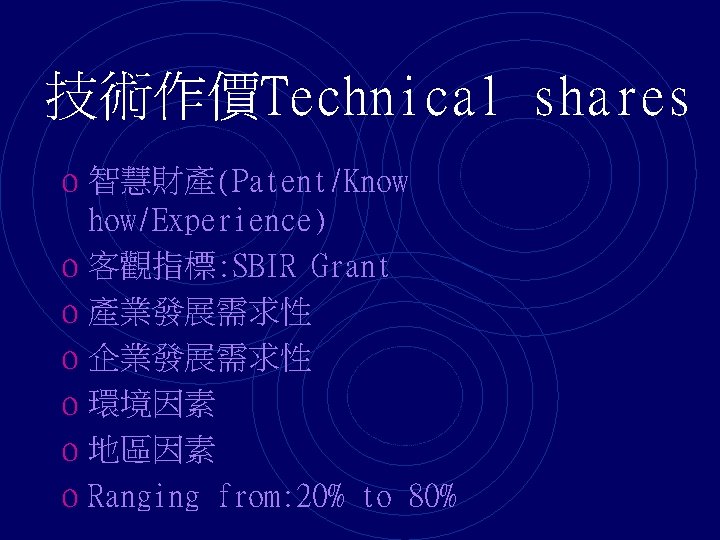 技術作價Technical shares o 智慧財產(Patent/Know how/Experience) o 客觀指標: SBIR Grant o 產業發展需求性 o 企業發展需求性 o
